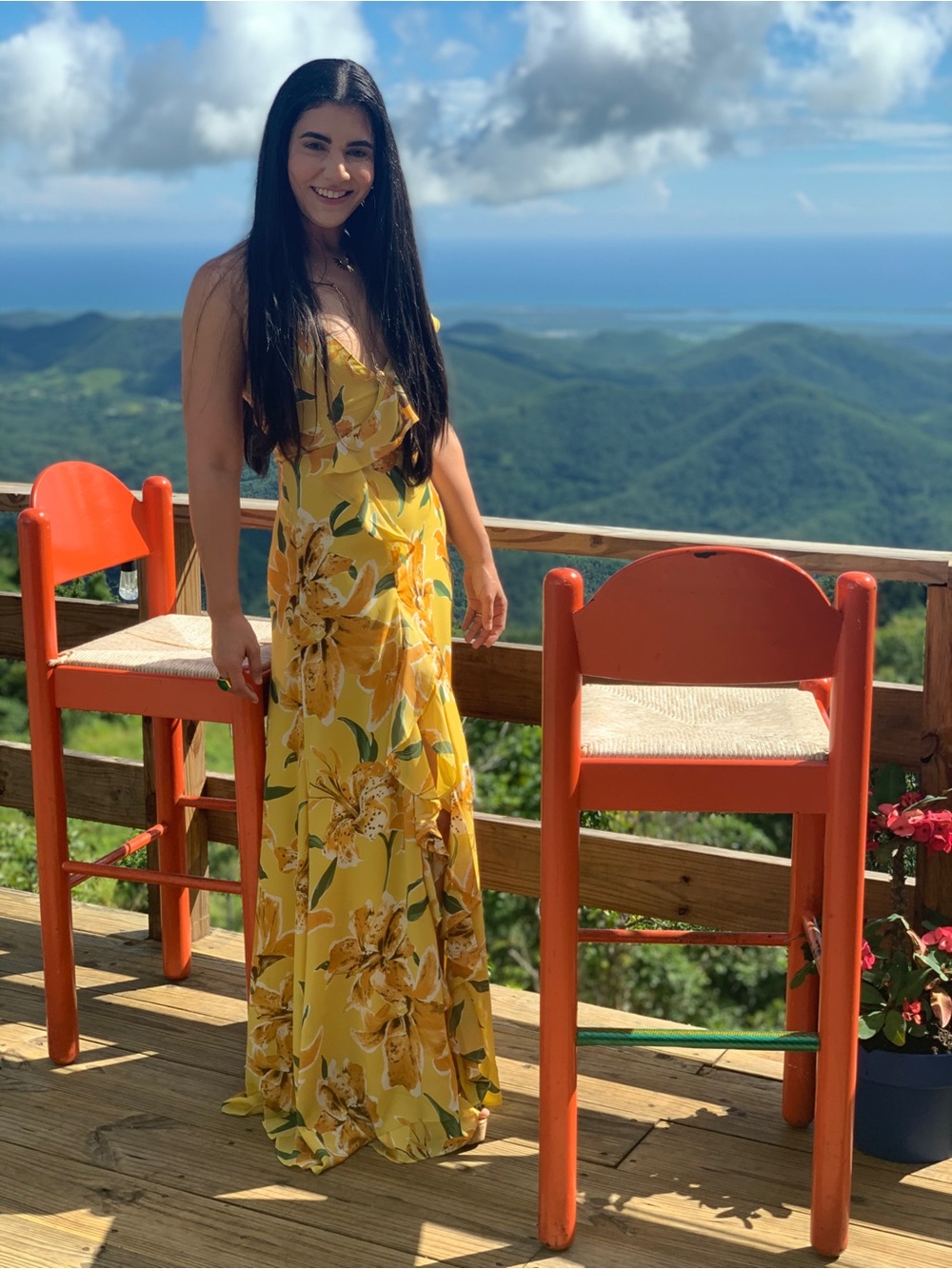 Yellow Floral Maxi Dress with Ruffled Bodice